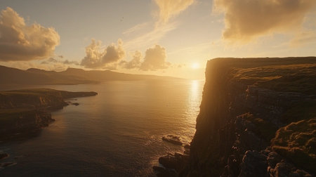 Experience the beauty of a coastal landscape at sunset, showcasing dramatic cliffs and calm waters under a sky filled with fluffy clouds and warm sunlight.の素材