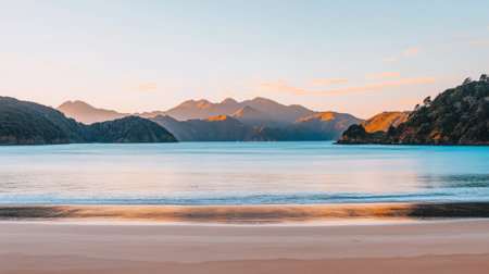 A stunning beach scene captures a tranquil sunset over gentle waves. The vibrant colors reflect upon the water, creating a serene atmosphere with majestic mountains in view.の素材