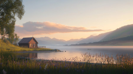 A serene landscape featuring a wooden cabin by a tranquil lake during sunset, surrounded by lush greenery and majestic mountains, creating a peaceful escape.の素材