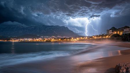 A breathtaking view of a thunderstorm capturing lightning illuminating the coastline. The dark clouds enhance the dramatic atmosphere over tranquil waves.の素材