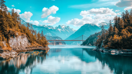Experience the breathtaking beauty of a tranquil mountain landscape featuring a bridge over calm waters, framed by lush trees and a vibrant blue sky.の素材
