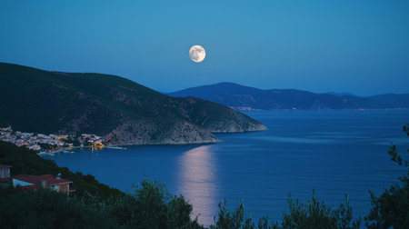 Captivating coastal view under a bright full moon, illuminating pristine waters and rolling hills, creating a peaceful atmosphere perfect for relaxation and reflection.の素材