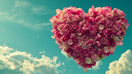 A captivating heart shape formed by lush pink roses floats gently against a bright blue sky adorned with soft clouds, symbolizing love and beauty in nature.の素材