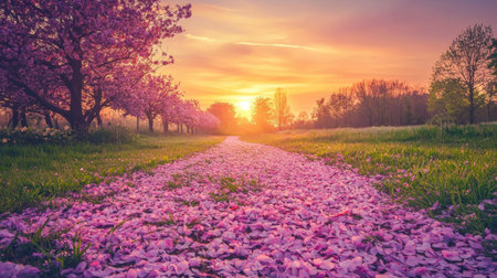 A captivating view of a cherry blossom pathway scattered with petals under a stunning sunset, creating a serene and tranquil atmosphere in nature's beauty.の素材