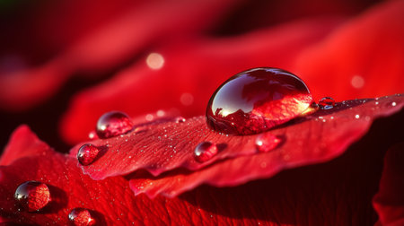 A striking close-up view of a red rose petal adorned with glittering droplets of water, capturing the exquisite beauty and delicate details of nature.の素材