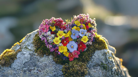 This captivating heart-shaped floral arrangement showcases vibrant wildflowers nestled on a rustic stone, surrounded by lush moss, creating a charming and serene outdoor scene.の素材
