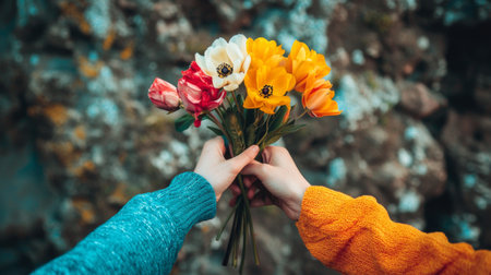 A beautiful moment of two hands exchanging a colorful bouquet of spring flowers, symbolizing friendship and joy against a soft rustic background, celebrating nature's beauty.の素材
