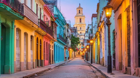 A mesmerizing view of a colorful street in an old town, showcasing vibrant buildings and historic architecture bathed in soft evening light, perfect for travel enthusiasts.の素材