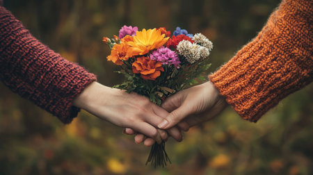 A pair of hands holding a vibrant bouquet of flowers symbolizes love and connection amidst a beautiful autumn setting, evoking feelings of warmth and togetherness.の素材