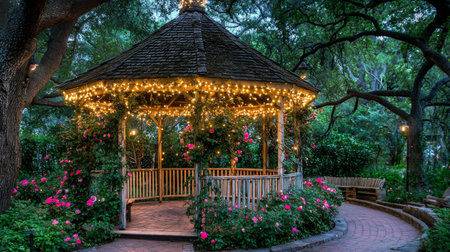 A delightful gazebo, adorned with twinkling fairy lights, creates a romantic atmosphere in a lush garden filled with vibrant flowers, offering a serene retreat.の素材