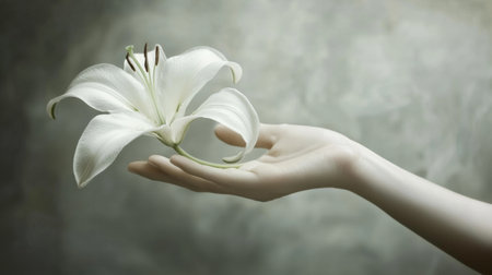A graceful hand supports a beautiful white lily, showcasing delicate floral elegance against a soft gray background, embodying tranquility and artistic simplicity.の素材