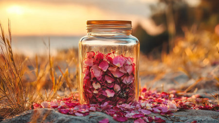 A stunning glass jar filled with vibrant rose petals sits gracefully in a natural setting, illuminated by soft sunset light, symbolizing beauty and serenity.の素材