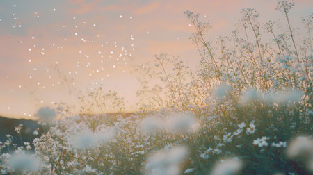 A peaceful field of white wildflowers illuminated by a warm sunset sky, with a soft bokeh effect creating a tranquil and dreamy atmosphere in nature.の素材