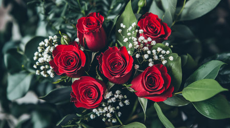 A stunning close-up of red roses surrounded by lush greenery and delicate white fillers. This vibrant floral arrangement captures the essence of love and beauty.の素材