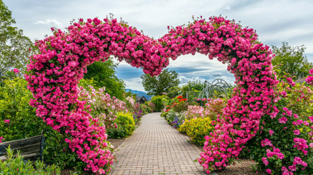 A picturesque heart-shaped archway formed by vibrant pink roses invites visitors into a lush garden. This serene scene captures the beauty of nature and romance.の素材