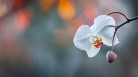 A stunning close-up of a white orchid bloom and bud, highlighted against a colorful bokeh background. This image captures the beauty and elegance of nature.の素材
