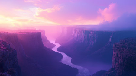 Experience the enchanting beauty of a sunrise illuminating a stunning canyon, where a peaceful river flows through vibrant landscapes filled with mist and color.の素材