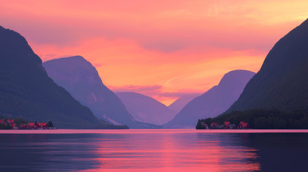 A stunning sunset view over a tranquil lake, with vibrant colors reflecting on calm water. Majestic mountains create a beautiful backdrop for a serene nature escape.の素材