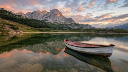 A breathtaking view of a tranquil mountain lake at sunset, featuring a solitary boat anchored on the clear surface, capturing the essence of nature's beauty and serenity.の素材
