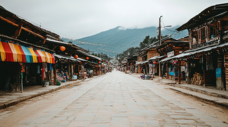 Explore the tranquil beauty of a traditional village street surrounded by majestic mountains and soft clouds, showcasing the rich cultural heritage and rustic charm of rural life.の素材