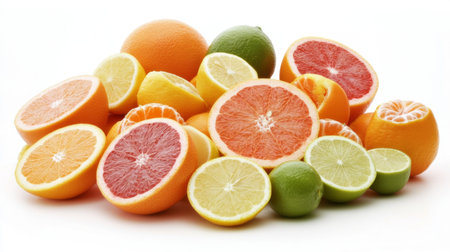 A vibrant display of fresh citrus fruits including oranges, lemons, limes, and grapefruits arranged beautifully on a white background, perfect for healthy living.の素材