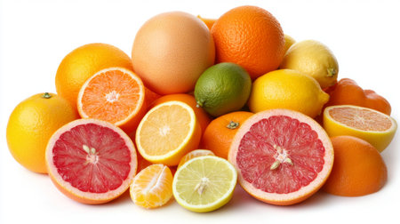A vibrant display of fresh citrus fruits, showcasing oranges, lemons, limes, and grapefruit. Perfect for promoting healthy eating and colorful cooking ideas.の素材