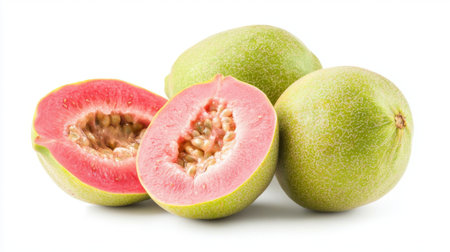 Fresh green guavas with vibrant pink flesh are cut in half and displayed, showcasing their juicy texture. Perfect for healthy snacks or culinary dishes.の素材