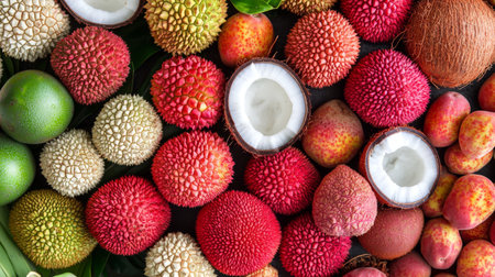 A stunning array of vibrant exotic fruits creates a colorful and textured display. This visually appealing arrangement is perfect for culinary ideas and lifestyle use.の素材