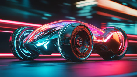 Experience the essence of innovation with this futuristic automobile featuring neon lights and a sleek design, set against a vibrant urban backdrop.の素材