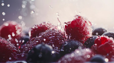A close-up view of fresh raspberries and blueberries surrounded by splashes of water, capturing a vibrant essence for healthy eating and refreshing summer recipes.の素材