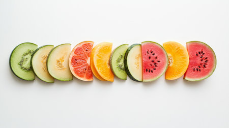A visually appealing arrangement of vibrant and fresh fruit slices showcases the beauty of nature's bounty. Ideal for themes of nutrition, wellness, and healthy eating.の素材