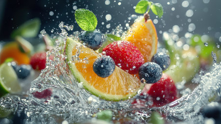 This captivating image features bright, fresh fruits splashing in water, creating a vibrant scene full of energy and refreshment, perfect for food and beverage themes.の素材