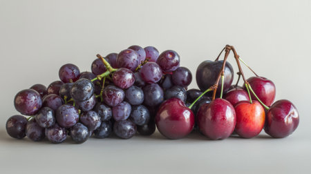 A visually appealing arrangement of fresh grapes and cherries on a neutral backdrop, highlighting their vibrant colors and natural shine, ideal for healthy eating themes.の素材