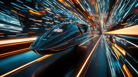 Experience a thrilling glimpse into the future where a sleek, high-speed vehicle cuts through a vibrant city illuminated by neon lights, symbolizing innovation and progress.の素材