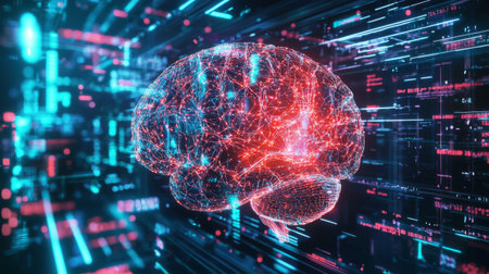 Explore the abstract visualization of a brain filled with glowing neural connections that symbolize artificial intelligence and digital data exchange in a futuristic setting.の素材