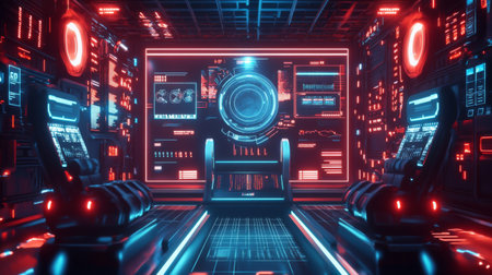 Immerse yourself in a futuristic digital control room, featuring hyper-modern screens and glowing neon lights, perfect for sci-fi and advanced technology concepts.の素材