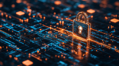 Visualize cybersecurity with a glowing digital lock symbol on a high-tech background, representing data protection and safety in the modern digital landscape.の素材