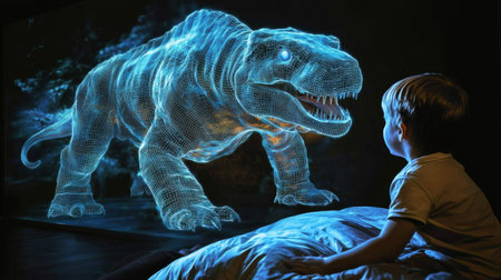 A young child gazes in amazement at a lifelike hologram of a dinosaur projected in a dimly lit room, creating a thrilling blend of technology and imagination.の素材
