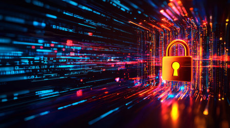 A striking abstract representation of a padlock amidst a dynamic display of binary code and lights, symbolizing robust data security and technological advancement.の素材