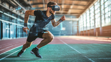 A young male athlete is seen training with a virtual reality headset on an indoor track, blending physical activity with cutting-edge technology for performance improvement.の素材
