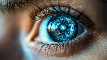 A mesmerizing close-up of a human eye featuring a glowing digital interface. Perfect for illustrating themes of technology, innovation, and future vision.の素材