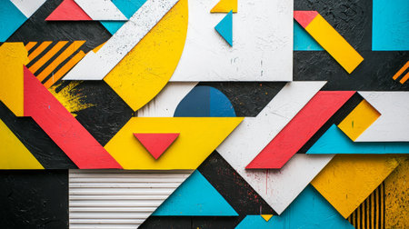 Dynamic and colorful abstract geometric background showcasing a blend of vibrant shapes and patterns in striking colors, ideal for creative projects and designs.の素材