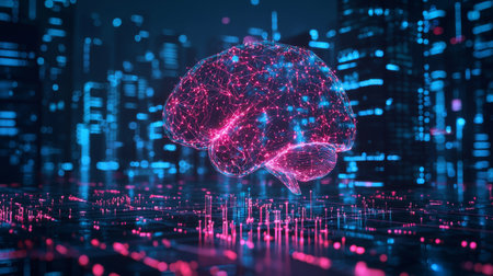 Explore a captivating digital artwork showcasing a brain surrounded by vibrant neon lights and interconnected networks, symbolizing innovation in technology and artificial intelligence.の素材