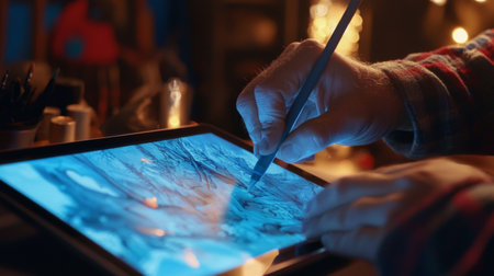 A close-up view of an artist's hand sketching on a digital tablet, surrounded by a warm and inviting studio environment, emphasizing creativity and modern tools.の素材