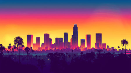 Experience a breathtaking view of the Los Angeles skyline during a vibrant sunset, featuring silhouetted palm trees against a stunning gradient sky of warm colors.の素材