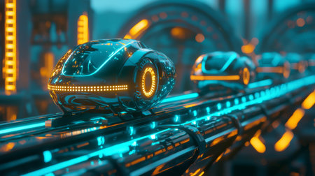 Explore a stunning vision of futuristic vehicles gliding on a neon-lit rail system, showcasing innovation, energy, and advanced technology in an urban setting.の素材