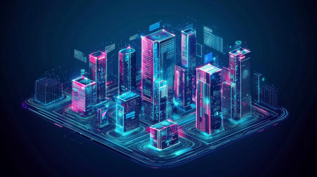 A vibrant illustration of a futuristic city with neon lights and digital elements, depicting advanced architecture and urban lifestyle in a unique virtual setting.の素材
