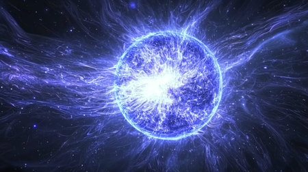 This captivating image showcases a vibrant blue star with electric energy set against a cosmic background, ideal for projects related to science and technology.の素材