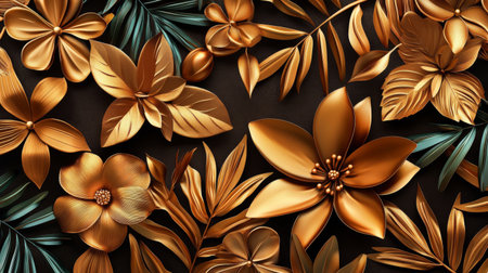 Discover a stunning arrangement of gold and green floral elements set against a dark background, perfect for modern art projects and luxurious designs.の素材