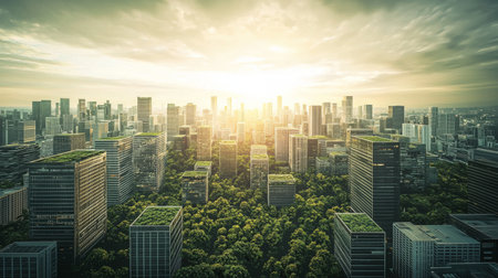 A stunning aerial view of a modern city skyline surrounded by lush greenery, highlighting the balance between urban development and nature at sunrise.の素材